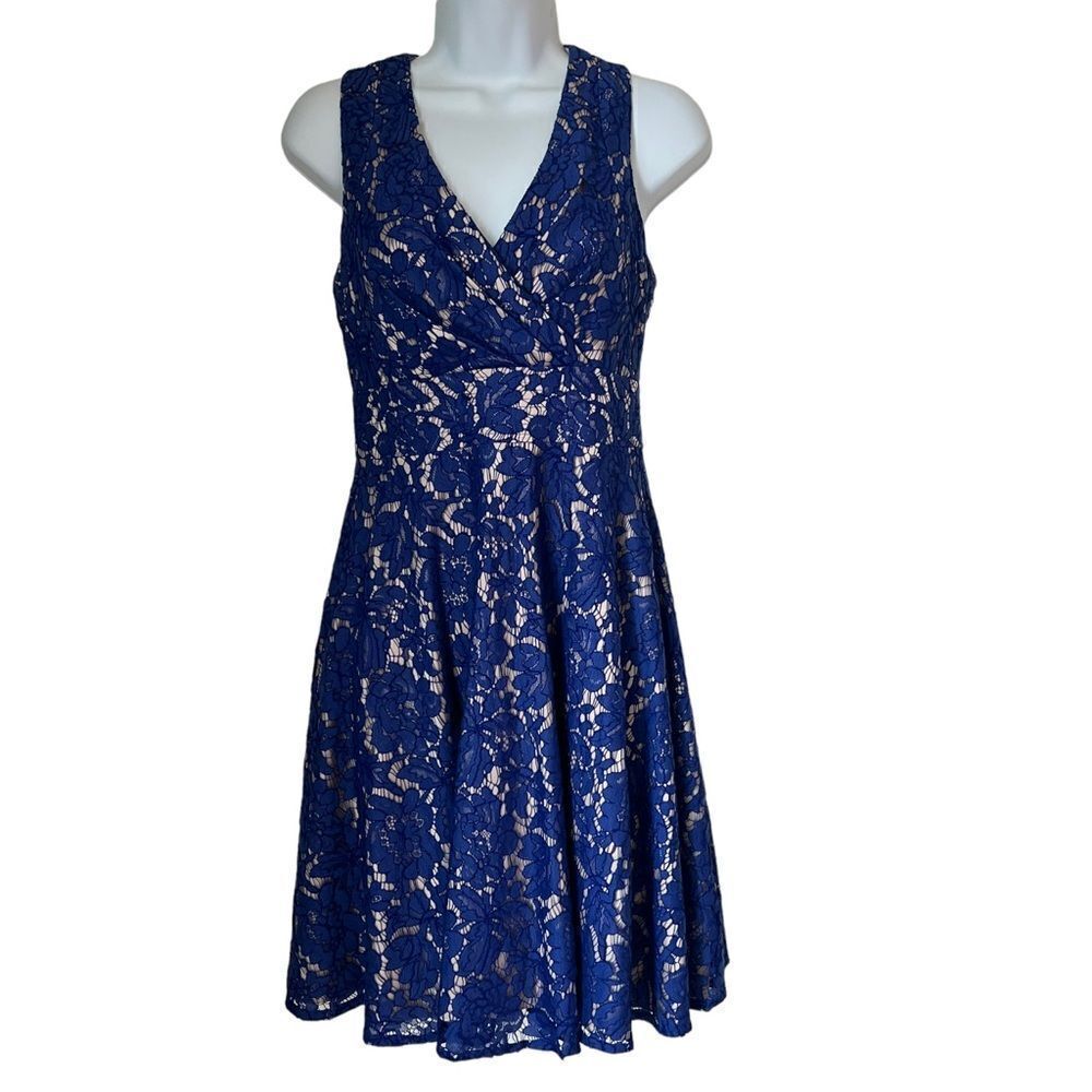 Eliza J Royal Blue Lace fit and Flare Surplice Sleeveless Delicate Dress sz 2